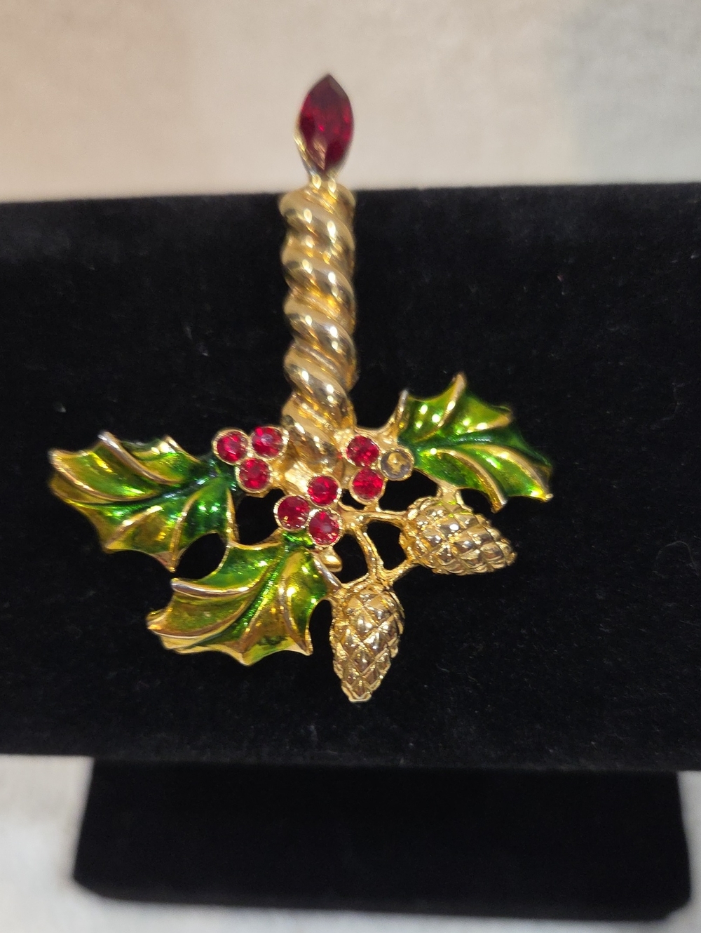 Gold-Tone Holiday Candle Holly Pin with Red Berries and Green Leaves